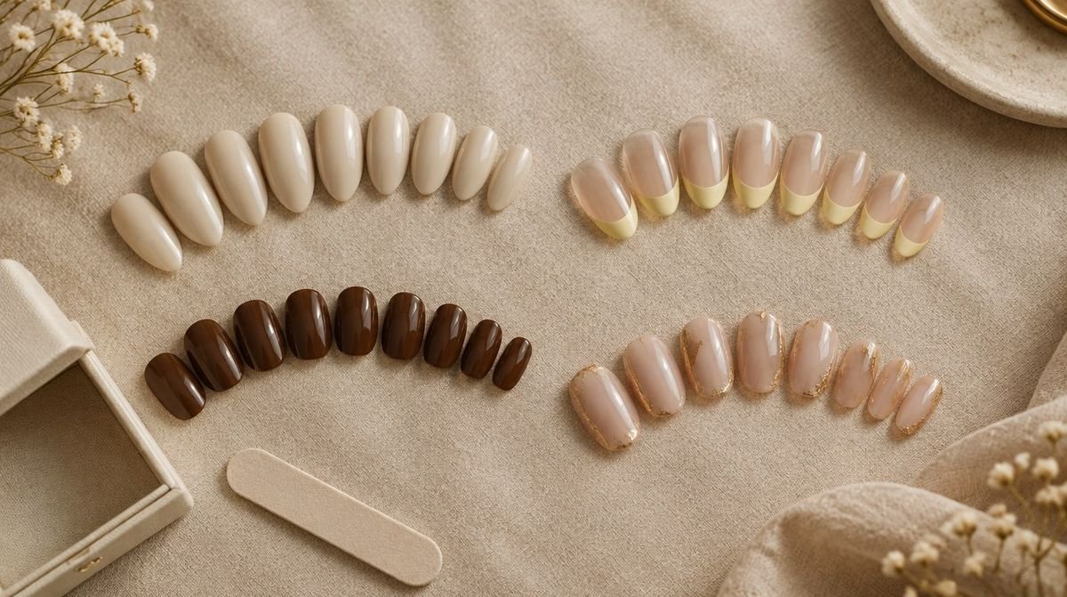 Four EAD press-on sets: bone almond, butter French, espresso gloss and gold leaf