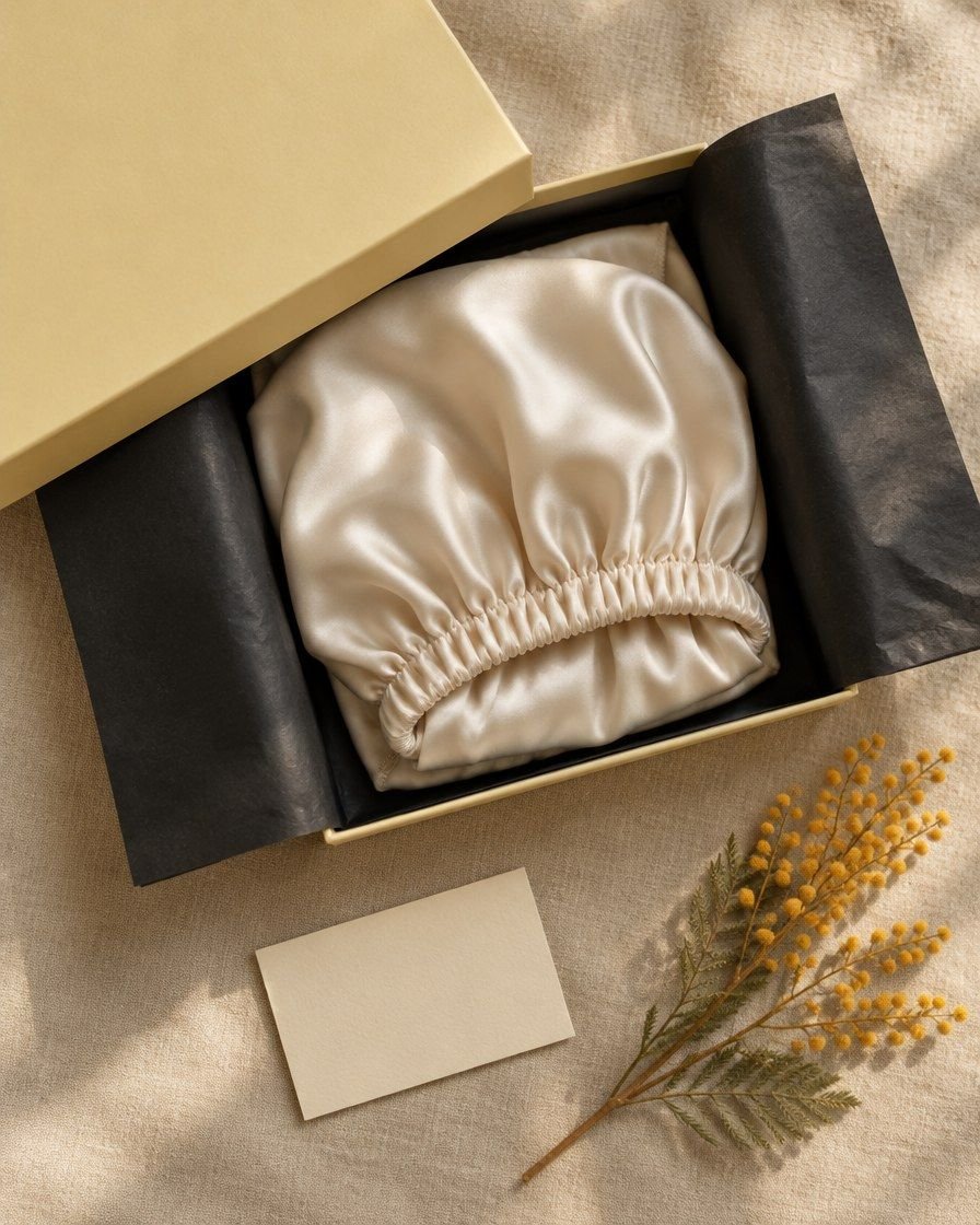 Butter box with black tissue and a satin bonnet
