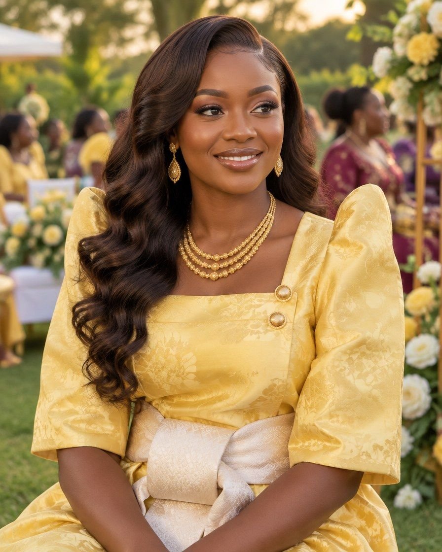 A woman in a butter-yellow dress wearing a long body-wave EAD wig